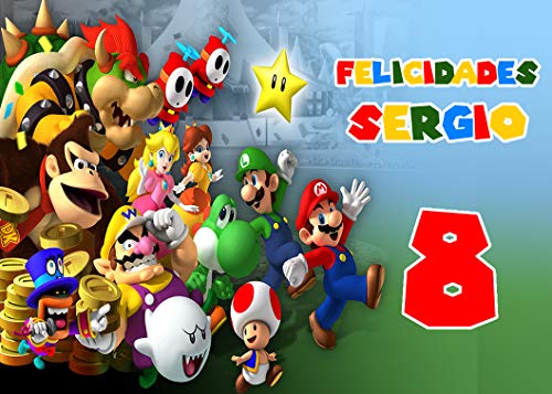 OBLEA de Mario Bros Personalizada con Nombre y Edad para Pastel o Tarta, Especial para cumpleaños, Medida Rectangular de 28x20cm Cover