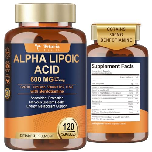 Alpha Lipoic Acid 600mg with Benfotiamine 300mg - ALA Supplement for Neuropathy Support Nerve Health & Antioxidant, Cell Energy, Metabolism and Anti-Aging, Non-GMO, Gluten Free, Vegan 120 Counts