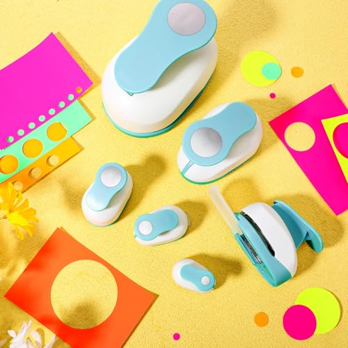 Image of CHENGU 6 Pcs Circle Punch Set 3in /2in /1.5in /1in /0.6in /0.3in Scrapbook Hole Punchers Crafting with 10 Sticker Paper Round Cutter Scrapbook for Office Supplies DIY Albums Photos(Blue)