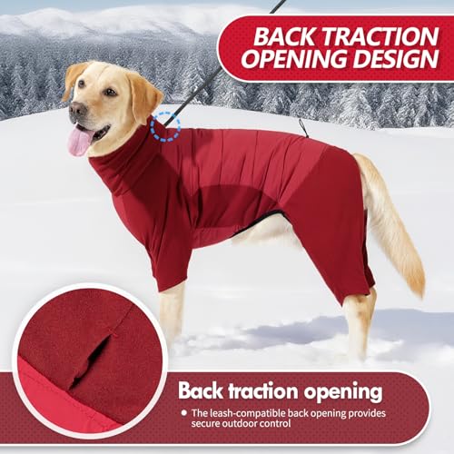 Image of BRKURLEG Full Body Dog Winter Coat Warm Fleece Pullover Pajamas, Four Legs Covered Windproof Dog Jacket for Small to Large Dogs, Turtleneck Dogs Snowsuit, Pet Cold Weather Clothes, Red XXXL