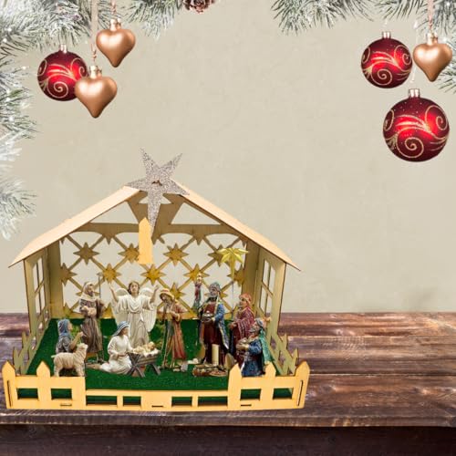 Image of Excel Impex Decorative Christmas Decoration Wooden Crib Stable with Glitter Star Topper, Green Turf Base, 40 x 30 x 25 cm