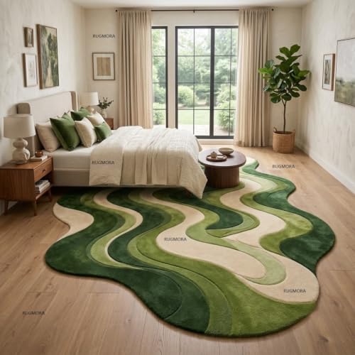 Image of Hand Tufted Wool Rug 6x8 Ft - Modern Irregular Shape Aesthetic Carpet, 1 Inch Thick Pile, Anti-Skid Backing, Soft Handmade Woolen Area Rug for Living Room, Bedroom, Hall Decor
