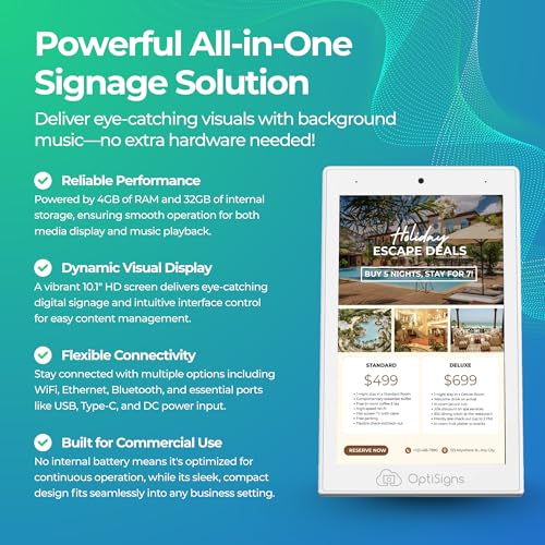Image of OptiSigns OptiKiosk 10 - Countertop Digital Signage Kiosk, 10.1 inch HD Touchscreen Display with Wi-Fi, Ethernet & Bluetooth, Software, Optional Background Music