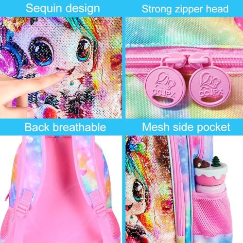 Image of 3Pcs Unicorn Backpack for Girls, 16 inch Kids Sequin Bookbag with Lunch Box, Cute Water Resistant Schoolbag for Preschool Kindergarten Toddler(Pink)