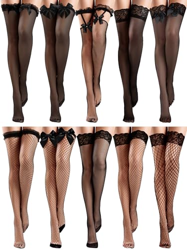 Image of Fourluoo 10 Pairs Silk Fishnet Thigh High Stockings Women Lace Top Sheer over Knee Stocking for Halloween