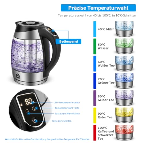 Foto von FOR ME Glas Elektrischer Wasserkocher mit Teesieb 1,8L, Temperatureinstellung, Temperaturwahl 40°C bis 100°C, 7 Farben LED-Beleuchtung, Warmhaltefunktion, BPA Frei