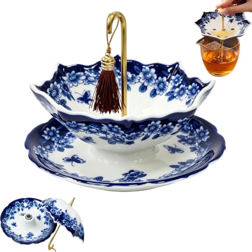 Umbrella Tea Infuser Blue and White Porcelain Umbrella Shape Ceramic Tea Strainer Loose Leaf Tea Filter with Rotating Handle Tea Coffee Brewing (Blue)