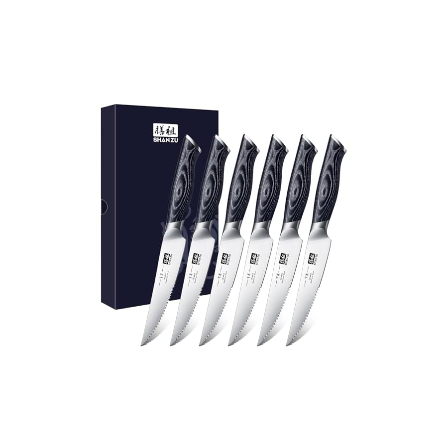 SHAN ZU 6 Pc Steak Knife Set, 4.5 Inch High Carbon Japanese Super Steel Steak Knives, Ultra Sharp Kitchen Steak Knife with K133 Ergonomic Handle, Black Tortoise Genbu Series