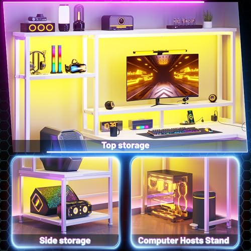Image of DurayLoly White Computer Desk with Hutch, Small Teen Desk with Power Outlets and RGB Light to Protect Eyes, Reversible Workstation with Printer Space & Monitor Stand for Home Office Space
