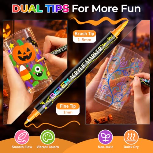 Image of Betem 24 Colors Paint Markers for Glass, Dual Tip Acrylic Paint Pens