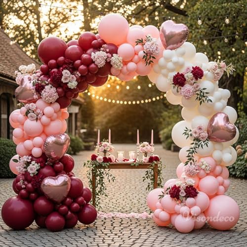 Image of Burgundy Pink Balloon Arch Kit Birthday Decorations, 131 Balloons | 6 Rose Gold Foil Hearts, 5 /12 /18 in Latex, Valentine's Day, Mother's Day, Baby Shower, Proposals, Weddings
