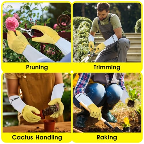 Image of HANDLANDY Rose Pruning Gardening Gloves for Men Women, Thorn Proof Forearm Protection Leather Garden Gloves, Gardening Gifts for Gardeners (Golden Yellow, X-Large)