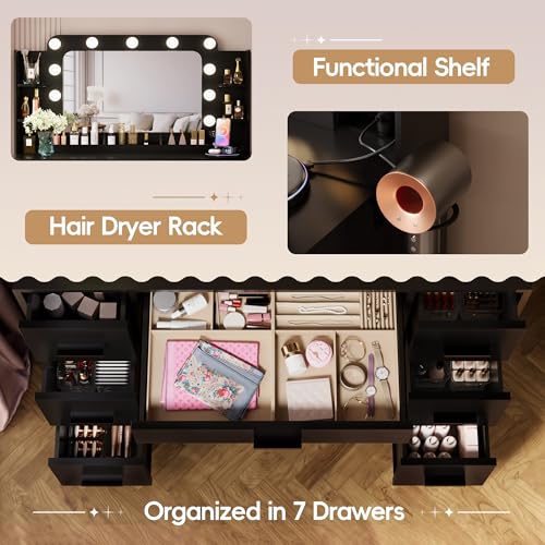 Image of Furmax Vanity Desk with Hollywood Style Mirror with LED Lights, Makeup Table Vanity with 2 AC Outlets and1 USB&1 Type-C Port, Adjustable Lighting, Modern Ample Storage Drawers Dressing Table (Black)