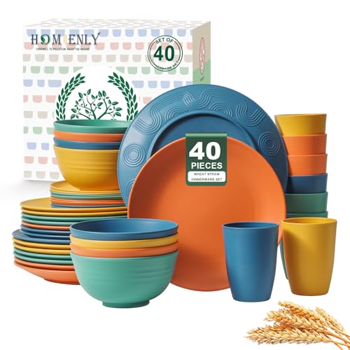 Homienly 40-Piece Premium Wheat Straw Dinnerware Sets, Service for 8, Unbreakable Plates and Bowls Set – Cups Sets, Dinner Plates, Bowls for Kitchen,Dishwasher and Microwave Safe Dishes Set – Multi