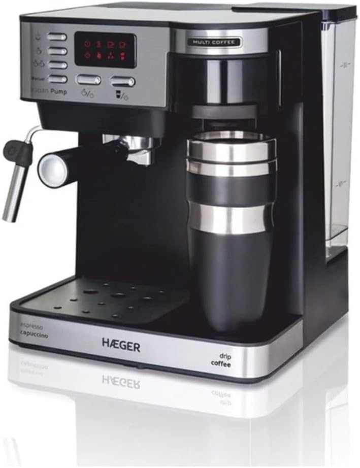 HAEGER CM-145.008A Macchina per caffè espresso Multi Coffee con 1450 W di potenza, capacità di 1,2 l, schermo a LED, ugello in schiuma e vassoio di goccia rimovibile