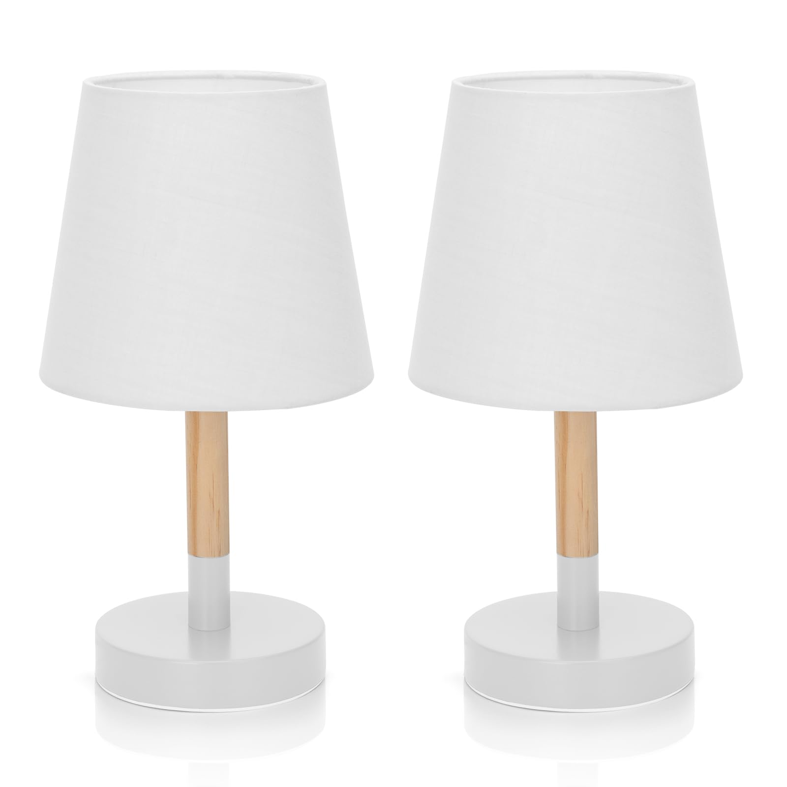 Aigostar 2 Pezzi Lampada da Tavolo, Piccola Lampada da Comodino in Legno, Lampada da Scrivania con Paralume in Tessuto Bianco e Base in Metallo, Portalampada E14, Vintage per Camera, Soggiorno