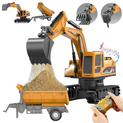 Image of RC JCB Toy Excavator for Kids - 1:22 11-Channel Metal Remote Control Construction Vehicle with Lights, Sounds & 360 Rotation Yellow Digger Truck (Ages 6-12)