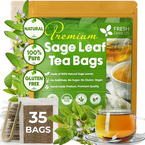 Image of FreshDrinkUS, Premium 35 Sage Leaf Tea Bags, 100% Natural & Pure from Sage Leaves. Loose Leaf Herbal Tea. Made with Natural Material Tea Bags. No Sugar, No Caffeine, No Gluten, Vegan.