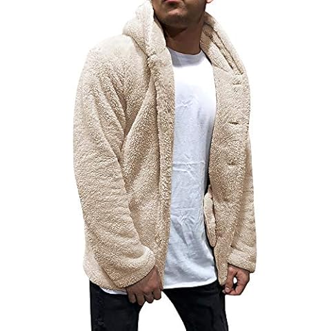 PASLTER Mens Hooded Jacket Fuzzy Sherpa Fluffy Fleece Open Front Cardigan Fall Outwear Winter Warm Soft Coat with Pockets - Beige - Large Cover