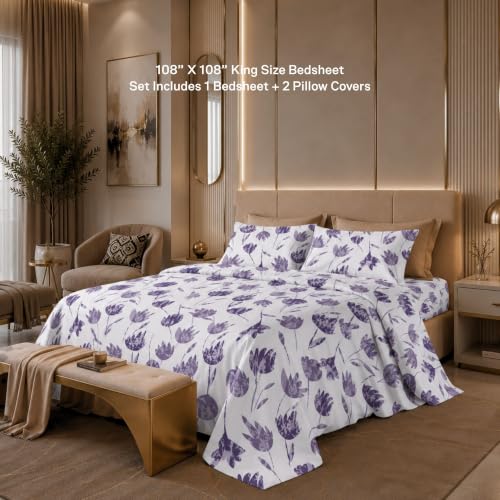 Image of Jaipur Weaves Cotton Linen Feel King Size Bedsheet 108x108 Super King, 100% Pure Cotton Bed Sheet with 2 Pillow Covers, 300 TC Soft Breathable Floral Design Bedding -(Tulips Purple,Super King)
