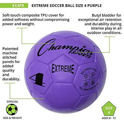 Champion Sports Extreme Series Soccer Ball, Size 4 - Youth League, All Weather, Soft Touch, Maximum Air Retention - Kick Balls For Kids 8-12 - Competitive And Recreational Futbol Games, Purple #TOP3