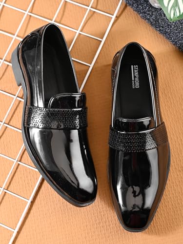 Image of STANPHORD Mens Tpsl 25047 Black Stanford Men Slip-On Formal Shoes | Glossy Round Toe Comfortable Office, Business Dress Shoes-TPSL 25047 Black-9