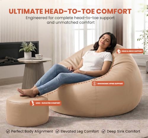 Image of Sattva Classic 4XL Bean Bag Chair with Beans Filled | Faux Leather Sofa Style Beanbags with Footstool & Cushion | Pre-Filled Bin Bags for Adults & Kids | Beam Bag Seating for Home & Office - Cream