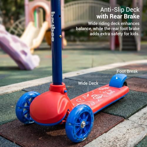 Image of Baybee Rydon Kids Scooter with 3 Height Adjustments | Portable Kick Scooter with PU LED Lights & Rear Brake | 3 Wheel Skating Scooter | Runner Scooter for Kids 2 to 10 Years Boys Girls (RED)