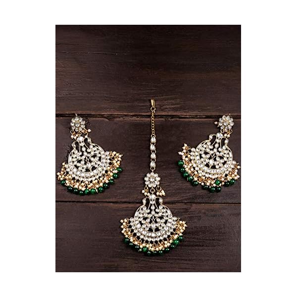 Zaveri Pearls Gold Tone Kundan & Green Beads Traditional Earring & Maangtikka Set For Women-ZPFK8540 - Image 8