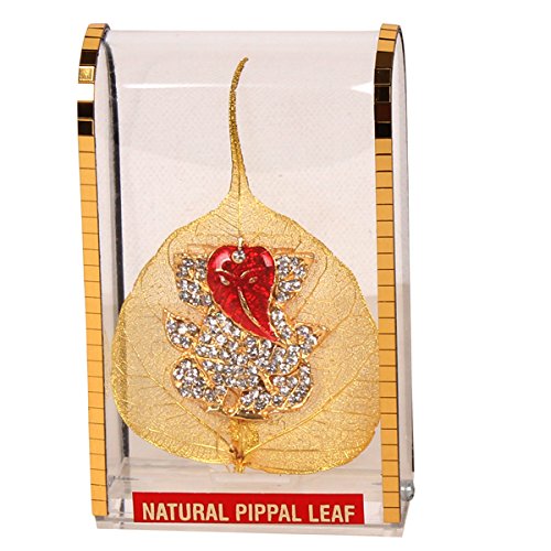 Cadeau Bonne Chance : feuille naturelle de pipal plaquée or Ganpati pour voiture