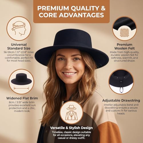 Image of Fedora Flat Hat Classic Wide Brim Cap Panama Style Jazz Hat for Wedding Party Talent Performance Xmas Gift Unisex
