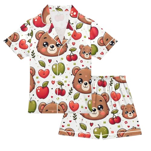 ALAZA Cute Cartoon Bear Cherry Pajamas Satin Pajama Set Short Sleeve Button Down Sleepwear