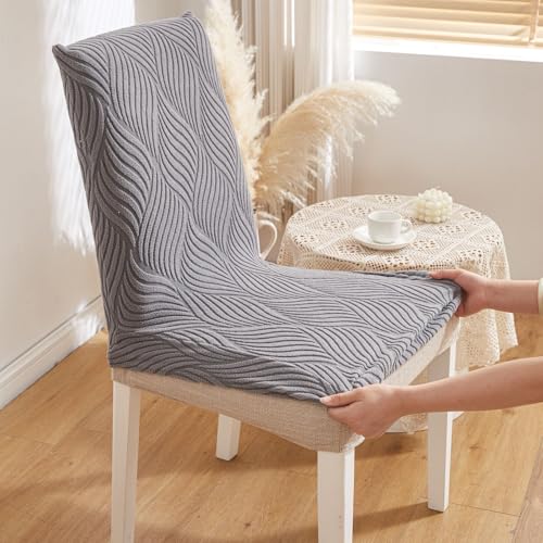 Image of HOMETHREADS Elastic Jacquard Chair Cover - Stretchable, Removable & Washable Short Dining Chair Slipcover | Durable Seat Protector for Kitchen, Dining Room & Banquet Chairs (Grey, Pack of 4)