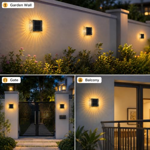 Image of XERGY 2W Solar Powered Outdoor LED Wall Light | Auto ON /Off Dusk to Dawn | 2 Warm White Lighting Mode | Unique Shadow Pattern | 1200mAh Battery | Waterproof for Garden, Gate, Balcony & Exterior Decor