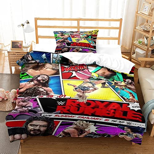 FIBITA Wwe Duvet Cover Set 3D Printed Wwe Bedding Quilt Cover Set 3 Pieces Soft Microfiber Bedding Comforter Cover with Zipper Closure for Kids Toddler Single（135x200cm）