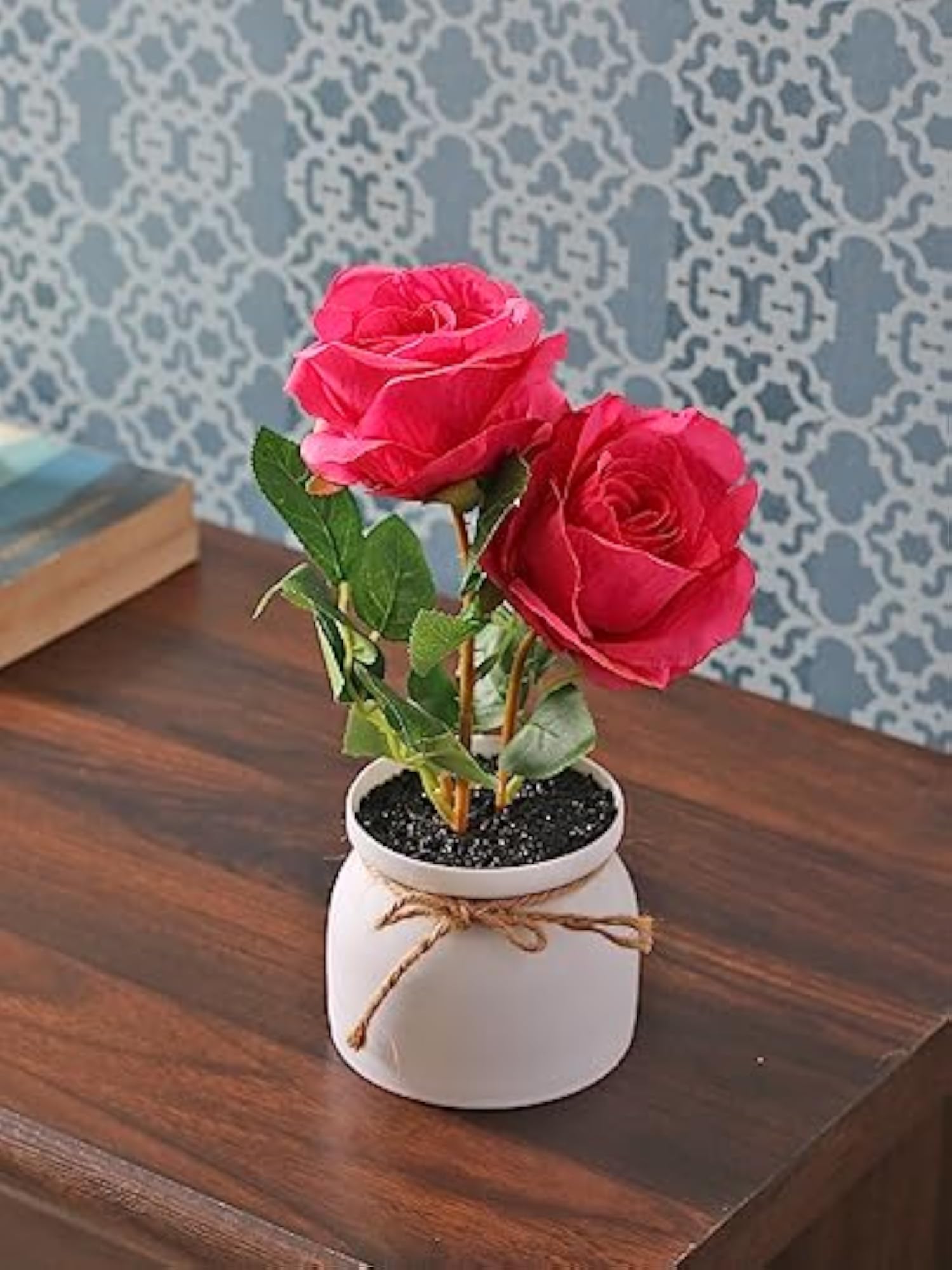 Artificial Dark Pink Rose Flower Plant with Plastic Pot