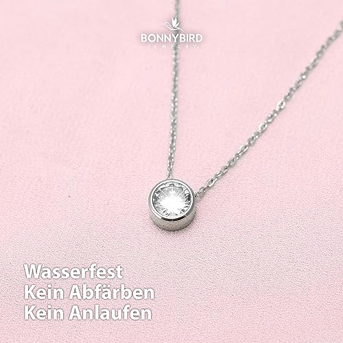 BONNYBIRD® Kristall Kette Silber Damen Edelstahl Halskette mit Schwebendem Stein Anhänger Crystal Weiß Frauen Wasserfest Schmuck Silberkette Layering Silberschmuck