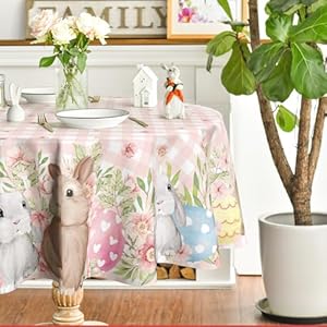 Horaldaily easter tablecloth 7070 inch round bunnies pink buffalo plaid spring washable table cover for party picnic dinner decor  urban country home decor