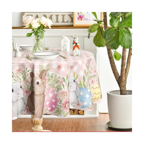 Horaldaily easter tablecloth 7070 inch round bunnies pink buffalo plaid spring washable table cover for party picnic dinner decor  urban country home decor