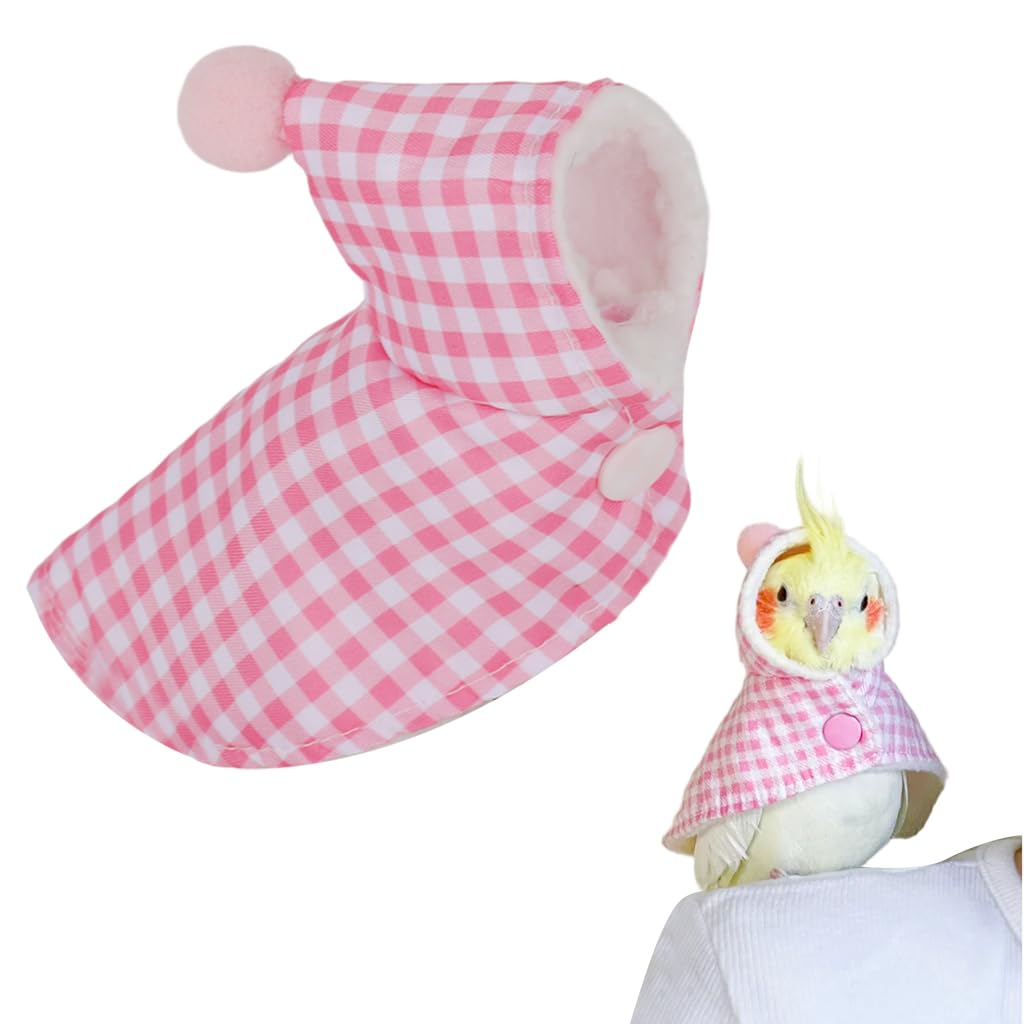 Qpets® Bird Clothes, Parrot Winter Plush Cloak with Hat, Winter Fashion Pink Checkered Warm Plush Bird Coat, Snap Button Closure-image-34