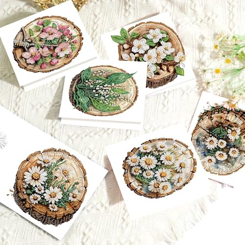 Image of 6 Pack Diamond Painting Greeting Card Kits with Envelopes, 5D Handmade Floral Wooden Slice Cards, DIY Crystal Rhinestone Diamond Art Cards for Christmas, Birthday, Thanksgiving, and Holidays