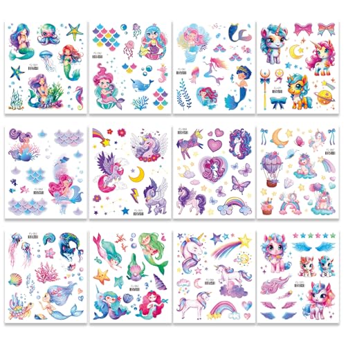 Glitter Unicorn Temporary Tattoos - 12 Sheets 120+ Styles Unicorn Mermaid Glitter Fake Tattoo Birthday Party Supplies Favors Q749