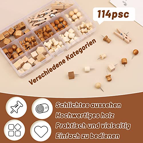 KAMAIKA 114 Stück Stecknadeln aus Holz, dekorative Stecknadeln in 2 Farben und 7 Stilen, Reißnägel, Markierungsnadeln mit Aufbewahrungsbox, Reißnägel für Bastelprojekte aus Korktafeln