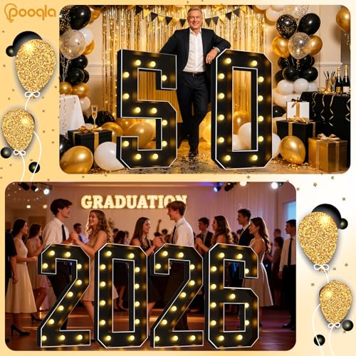 Image of Pooqla 4 FT Light Up Marquee Numbers, Black Marquee Number Lights 4 Feet Tall for 9th 19th 90th Birthday, Giant Letter Big Mosaic Numbers for Balloons Party Anniversary Wedding Decorations, Number 9