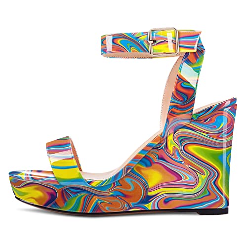 Image of Aachcol Women Platform Wedge Sandals Round Peep Open Toe Ankle Strap Slingback Two-Piece Chunky Block High Heel Dress Shoes Pumps Party Patent 4 Inch