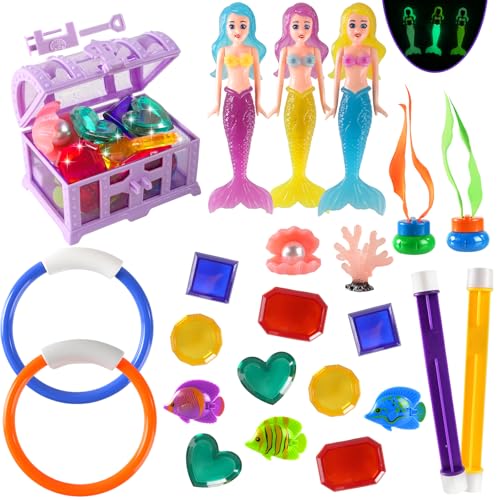 Diving Pool Toys for Kids Ages 4-12, 27 Pcs Mermaid Pool Toys with Gem Pirate Treasure and Chestand Storage Bag, Swimming Training Game Toy Summer Beach Party Gifts for Boys Girls Toddlers