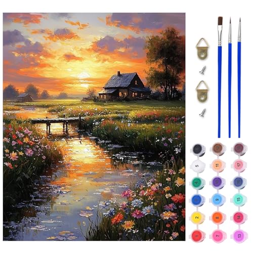AIRDEA Campo Atardecer Pintar por Numeros Adultos, DIY Pintura por Numeros Adultos, Cabaña Ribereña Paint By Numbers Adult Pintura al óleo de Lienzo con Pinceles Pigmento Acrílico 40x50 cm (Sin Marco)