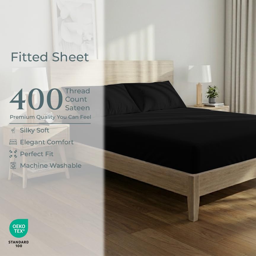 Image of Royale Linen 400 Thread Count Full Fitted Sheet Only - 100% Cotton Fitted Bed Sheets - Luxury Sateen Weave - All Around Elastic Deep Pocket - Soft & Durable Bottom Sheets - Fit Up To 16 inch (Night Black)
