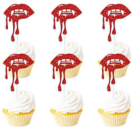 Letlimit S-CP-0023 18Pcs Red Glitter Halloween Have A Bite Dessert Cupcake Topper Zombie Vampire Fantasy Horror Theme Decor Supplies Boy Girl Man Woman Happy Birthday Party Decorations cover