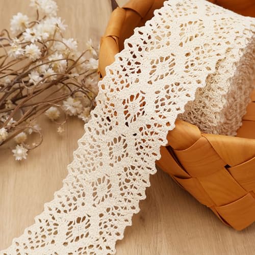 GXTIZAS Lace Trim Cotton Lace Trim Eyelet Lace Ribbon Crochet Sewing Lace for Junk Journal Supplies Crafts Supply(Beige)